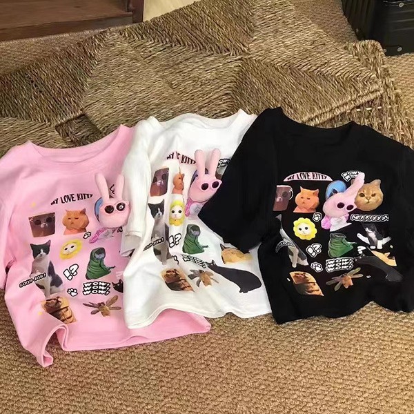 เสื้อยืดเด็ก เสื้อเด็กผู้หญิง ท็อปส์ซูน่ารัก รูปแบบลูกแมว กระต่าย คอกลม ขาว / ดำ 7-14 ปี【จัดส่งจากประเทศไทย】 ราคา ถูกที่สุด ดีลบีเคเค แกลเลอรีภาพที่ 7