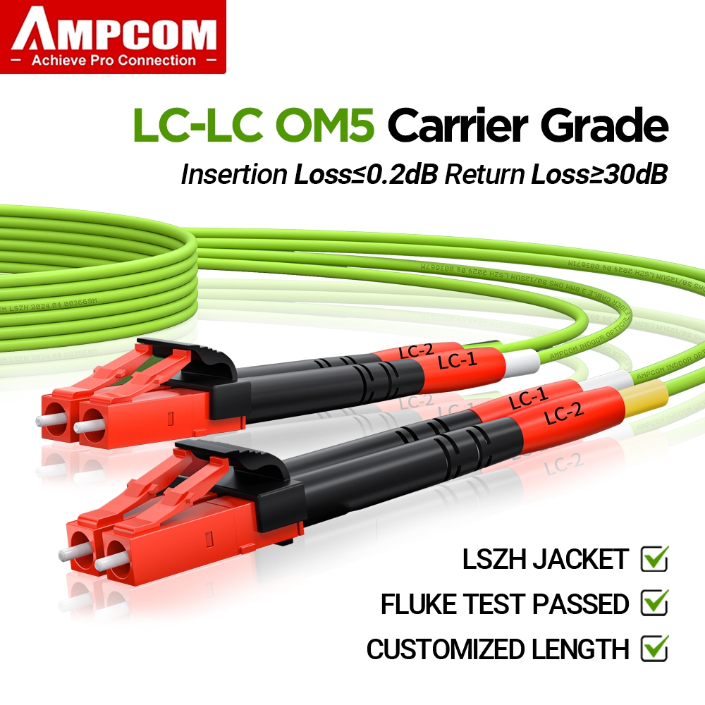 AMPCOM สายแพทช์ใยแสงแบบ OM5 LC ถึง LC UPC ใยแสงหลายโหมดแบบดูแปลก 50/125μm 100Gbps ทนงอขนาด 2.0 มม. ของใยแสงใยแสง