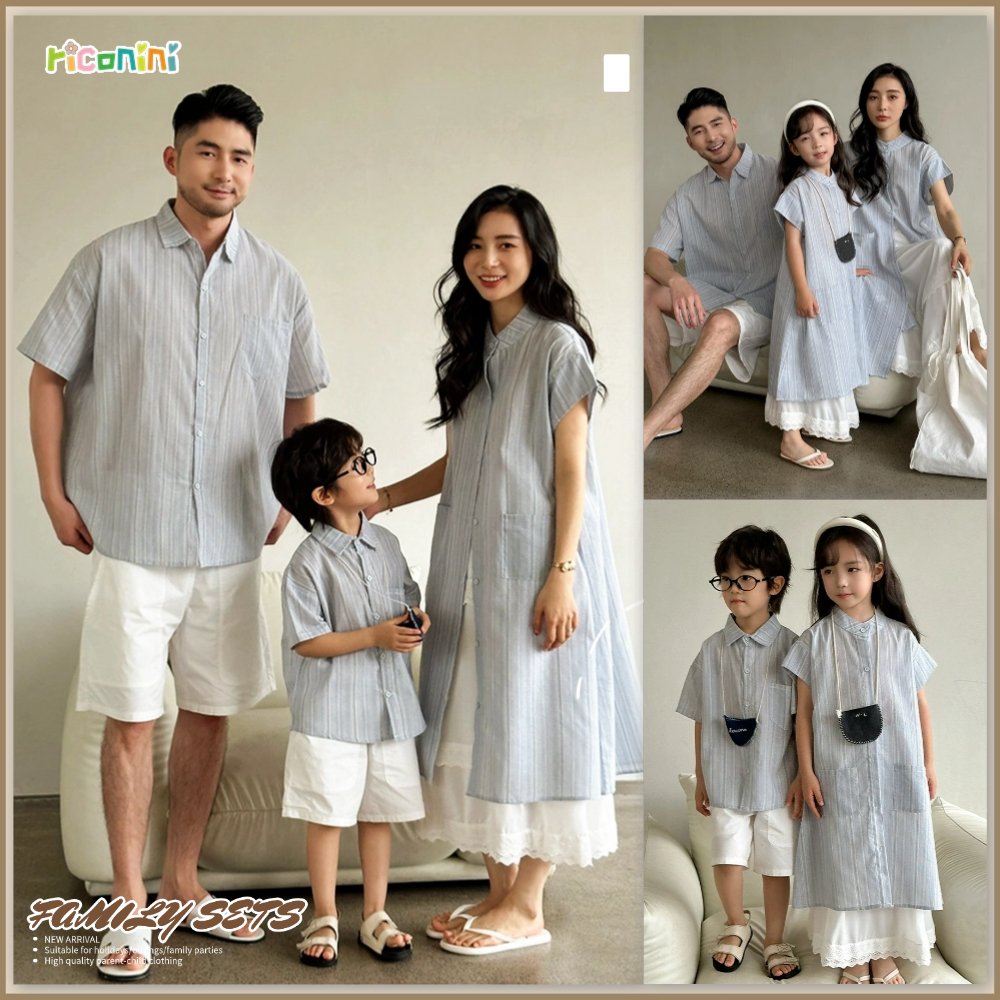 ชุดคู่รัก เสื้อแขนสั้นลายทางฤดูร้อน สไตล์เกาหลีแม่และลูก ชุดพ่อแม่ลูกหลวมสำหรับวันหยุดและครอบครัว