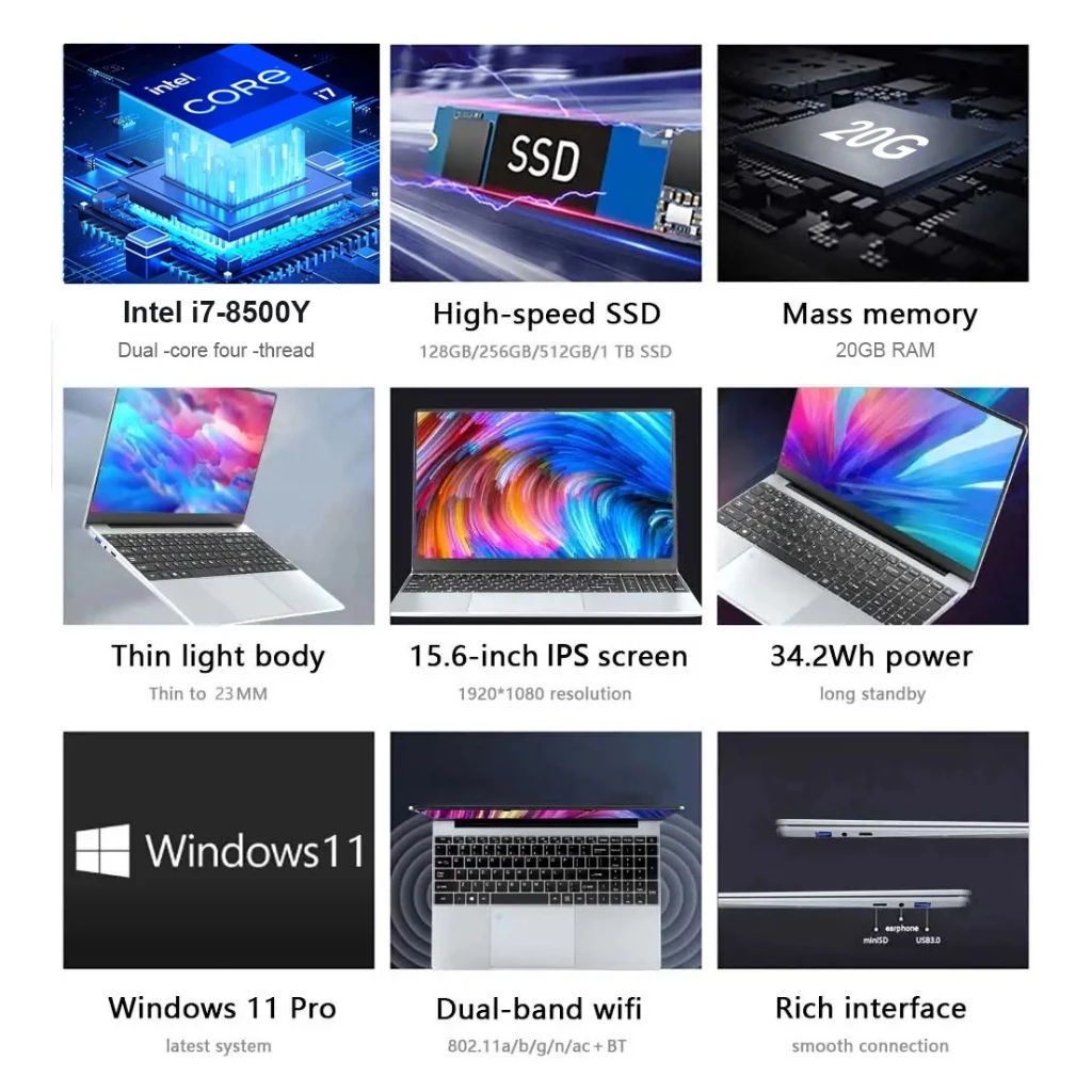 COD + รับประกันสามปี 15.6 นิ้วรูปแบบนิ้วปลดล็อค Windows 11 Pro Intel Core i7 8500Y แล็ปท็อป 16GB DDR 1TB SSD คอมพิวเตอร์แล็ปท็อป PC Office thumbnail 5