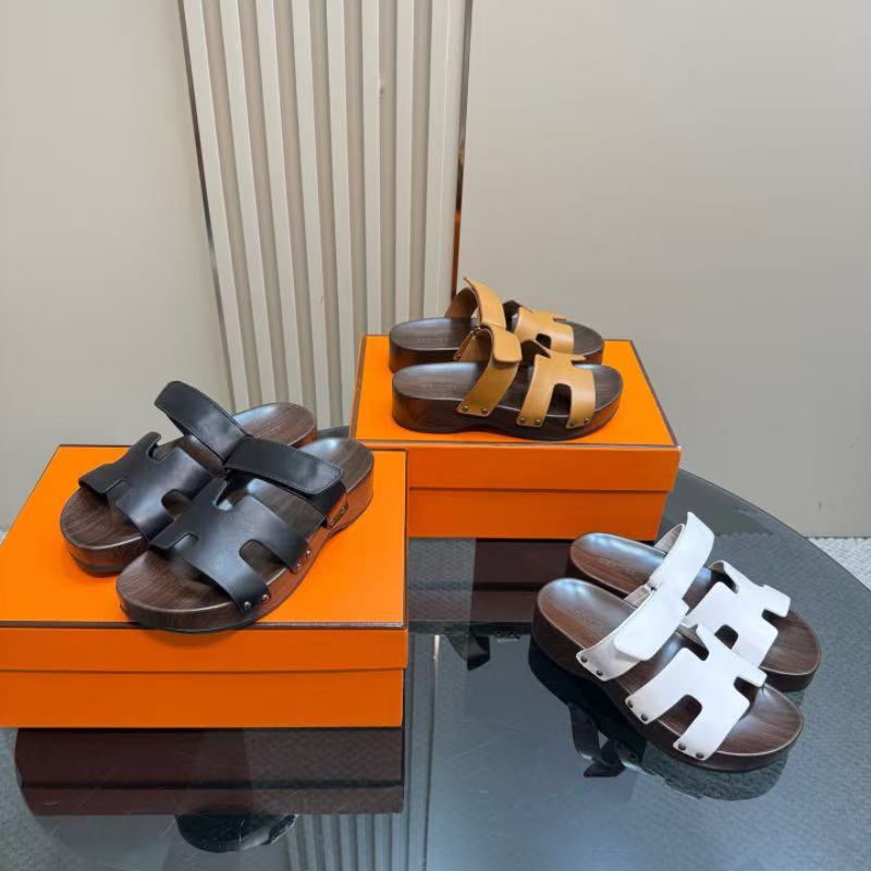 [รุ่นเคาน์เตอร์ 1-1] HERME $Hermes รองเท้าแตะลายไม้พื้นหนา