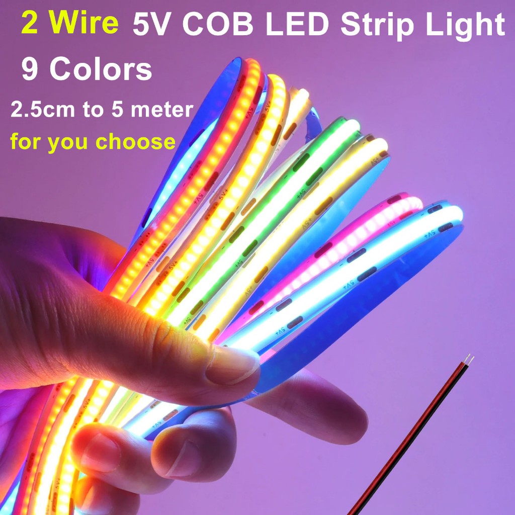 5V COB ไฟ LED Strip พร้อมสายไฟ 2 ขา, ยืดหยุ่น 320leds/m COB LED เทปซี่โครงสําหรับตกแต่ง DIY ( 9 สีให้คุณเลือก)