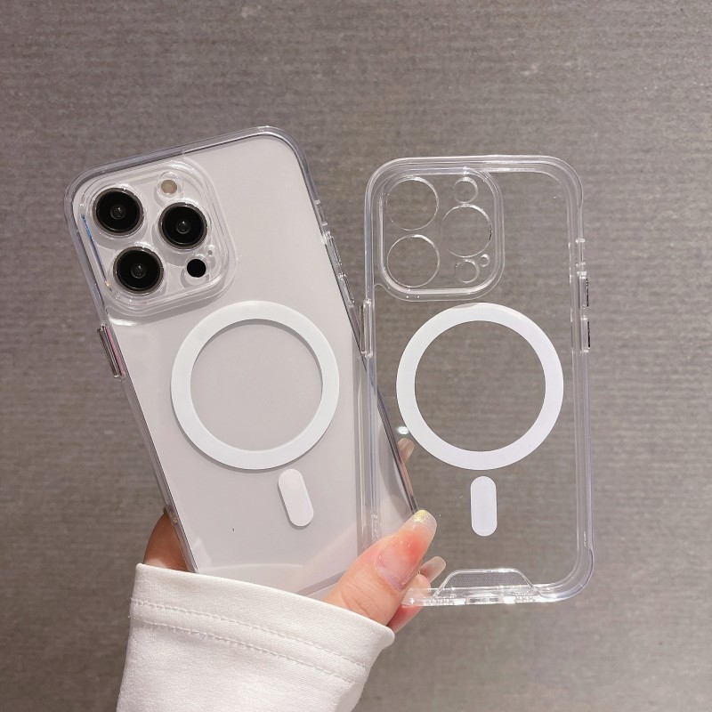 อะคริลิคโปร่งใสแม่เหล็กสําหรับ iPhone XR X Xs Xs Max 7plus 8plus 11 12 13 14 15 16 Pro Max 14plus ปุ่มชุบใสปลอกแข็ง
