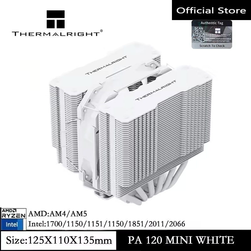 Thermalright PA120 Mini สีขาวหม้อน้ํา CPU Air Cooler 6 ท่อความร้อน 120 มม.TL-D12W PWM พัดลม 135 มม.สูง Double Towers Cooler สําหรับ AMD AM4 AM5/Intel LGA 1851/1700/1200/2011