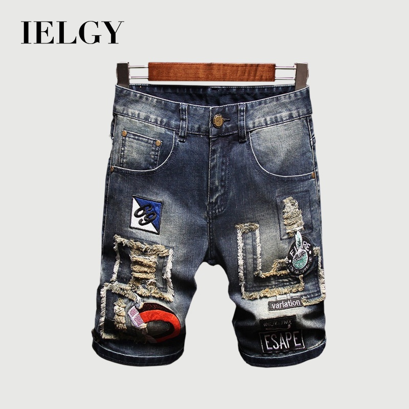 IELGY กางเกงยีนส์ขาสั้นปักลายขาดฤดูร้อนสําหรับผู้ชาย