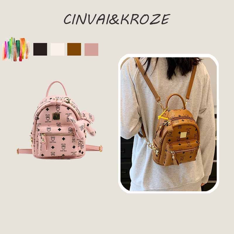 CINVAI&KROZE กระเป๋าเป้พิมพ์ลายหมีน่ารักกระเป๋าเป้แฟชั่นความจุขนาดใหญ่พร้อมจี้