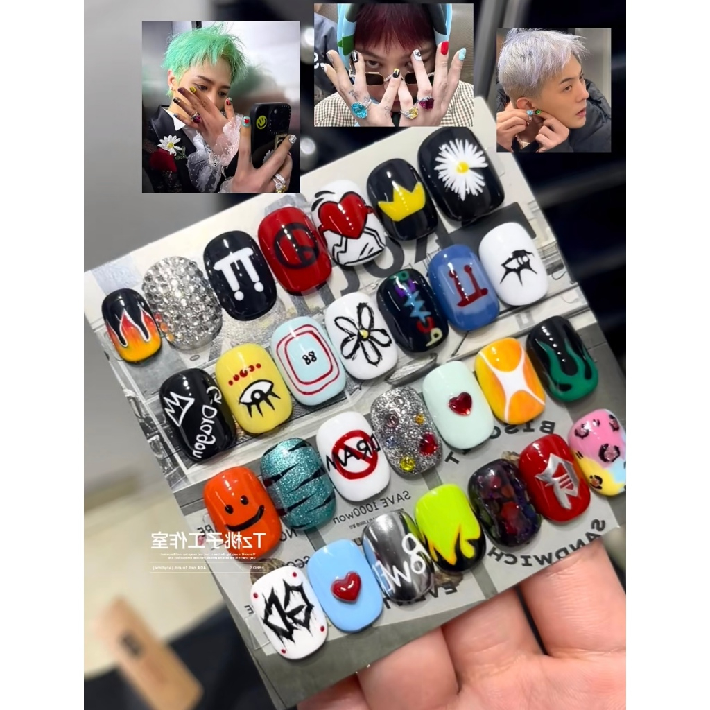 28 ชิ้น handmade เล็บ GD อัลบั้มใหม่ Daisy Design Patch ins สั้นมือวาดผู้ชาย Gwon Jilong