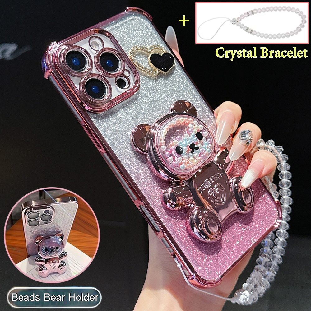 Glitter สําหรับ Samsung Galaxy S25 Ultra S25E S25 Plus S24 S23 S22 S21 Ultra Plus S24 S23 S21 S20 FE คริสตัลสร้อยข้อมือกันกระแทกหมีผู้ถือโทรศัพท์ฝาครอบ