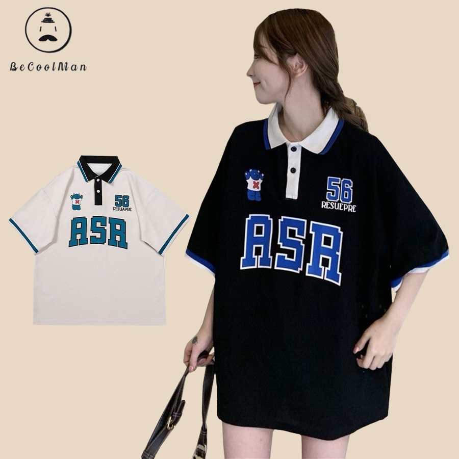 💥BECoolMan💥เสื้อโปโลสตรีทสไตล์อเมริกัน ฤดูร้อนแมทช์ลุคง่ายคอปกแขนสั้น เสื้อลำลองทรงหลวม