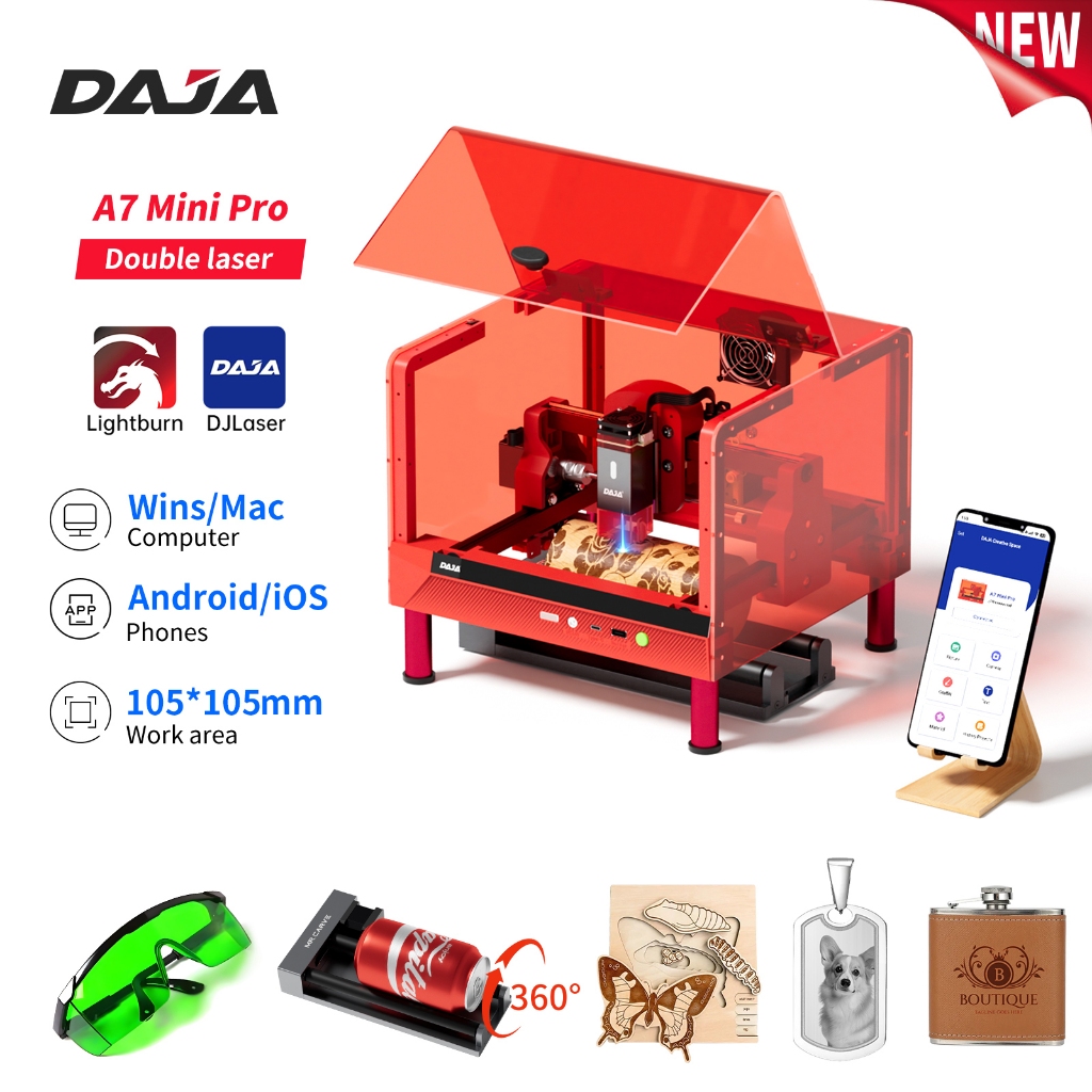 DAJA A7 MiniPRO เลเซอร์แกะสลักอัพเกรดใหม่สําหรับไม้กระดานหนังกระดาษคราฟท์ทาสีโลหะธุรกิจการพิมพ์แก้วส