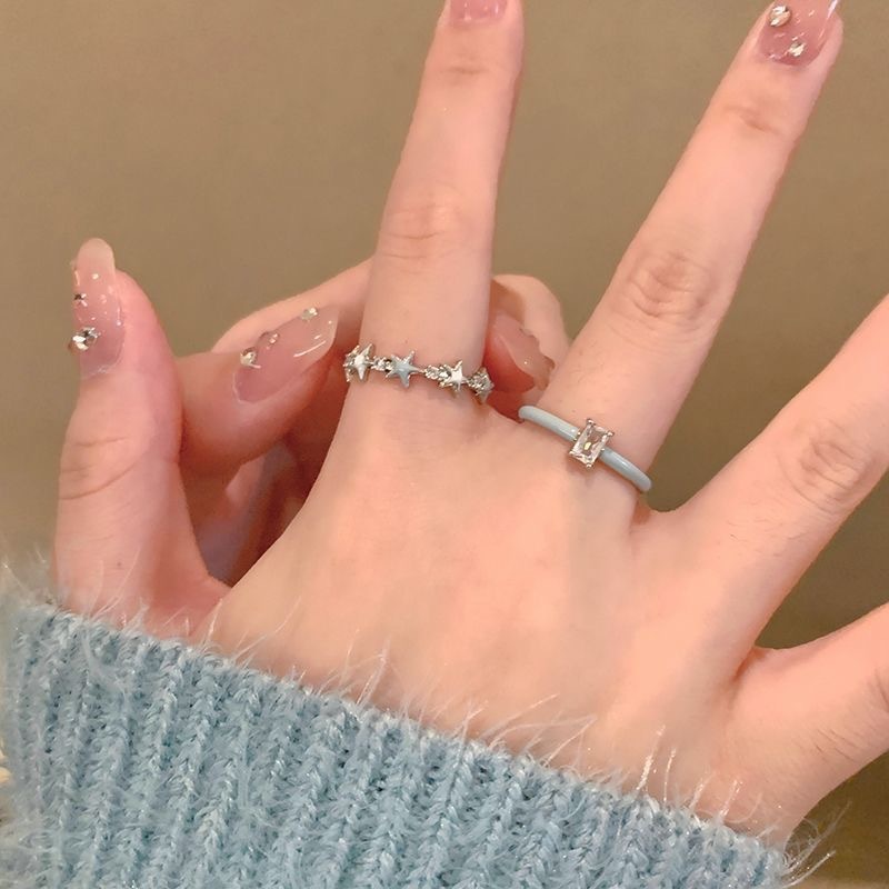 แฟชั่น เกาหลีสีฟ้าเซอร์โคเนียแหวนดาวผู้หญิงสีเงินอินของขวัญวันเกิดนักเรียน - รูปที่ 5