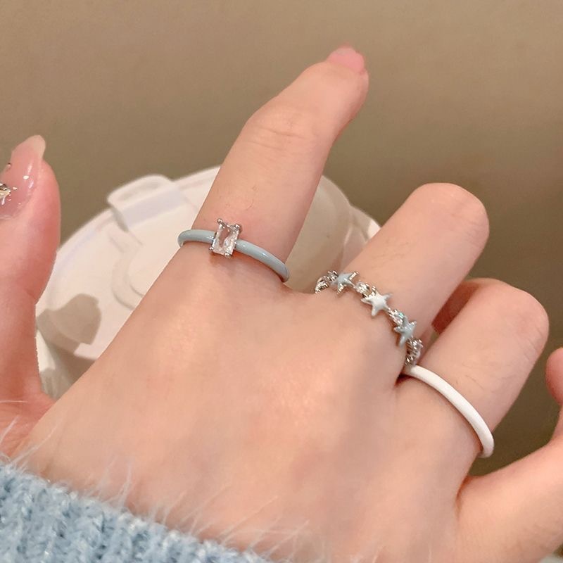 แฟชั่น เกาหลีสีฟ้าเซอร์โคเนียแหวนดาวผู้หญิงสีเงินอินของขวัญวันเกิดนักเรียน - รูปที่ 4