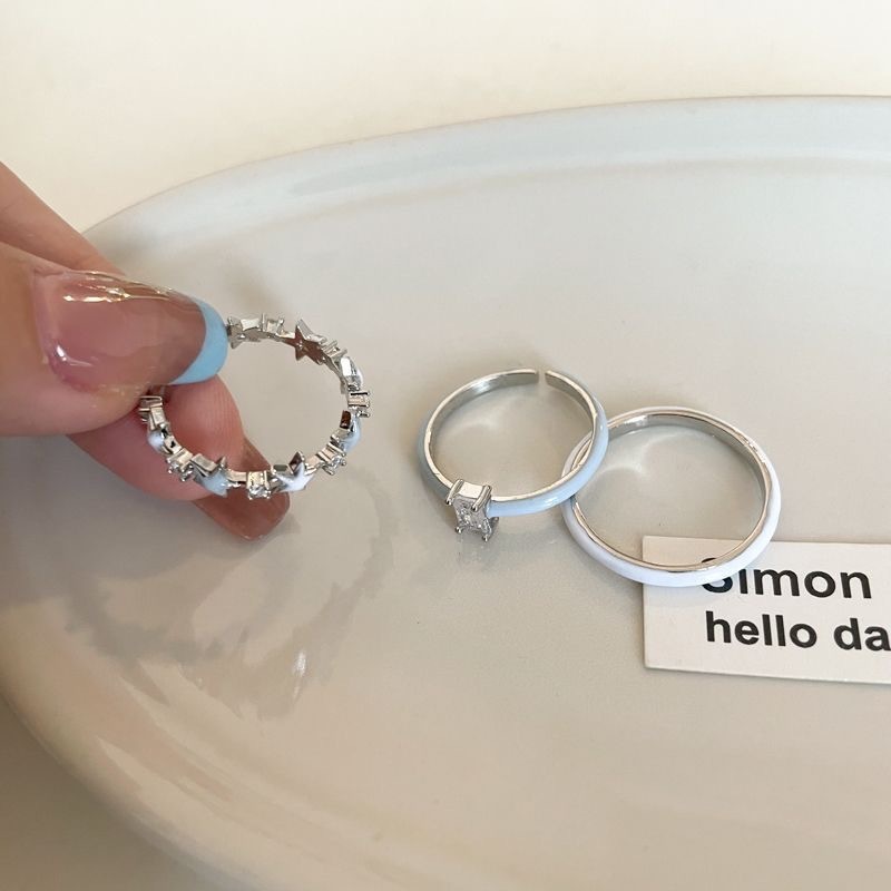 แฟชั่น เกาหลีสีฟ้าเซอร์โคเนียแหวนดาวผู้หญิงสีเงินอินของขวัญวันเกิดนักเรียน - รูปที่ 3