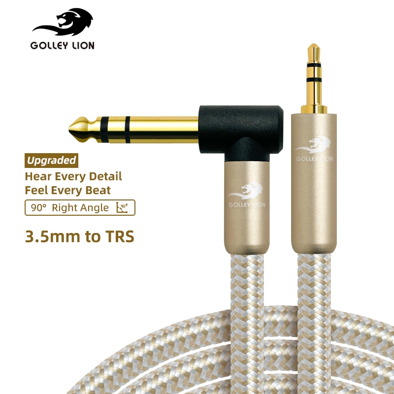 GOLLEY LION 1/8 ถึง 1/4 สายสเตอริโอ 3.5 มม.ถึงมุมขวา 6.35 มม.TRS สายสัญญาณเสียงกีตาร์ Aux ชายพร้อมสังกะสีอัลลอยด์และไนลอน Braid สําหรับกีตาร์ แล็ปท็อป โฮมเธียเตอร์ Dev