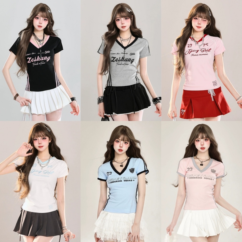 2568 Babytee สไตล์เกาหลี Crop Tops สําหรับผู้หญิง V คอ Slim เสื้อยืดอเมริกันย้อนยุคสั้นเสื้อกีฬา Street สวมใส่สําหรับสาวแนวโน้มร้อน 2025