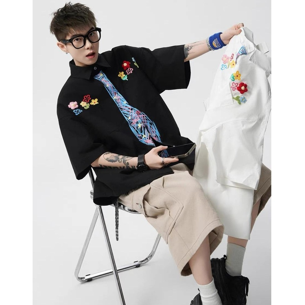 แพนโนฟลักซ์ปัส เสื้อเชิ้ตสไตล์ใหม่แขนสั้นแฟชั่นการออกแบบเกาหลีความรู้สึกสไตล์วิทยาลัยสไตล์เป็นกลางคุณภาพสูง