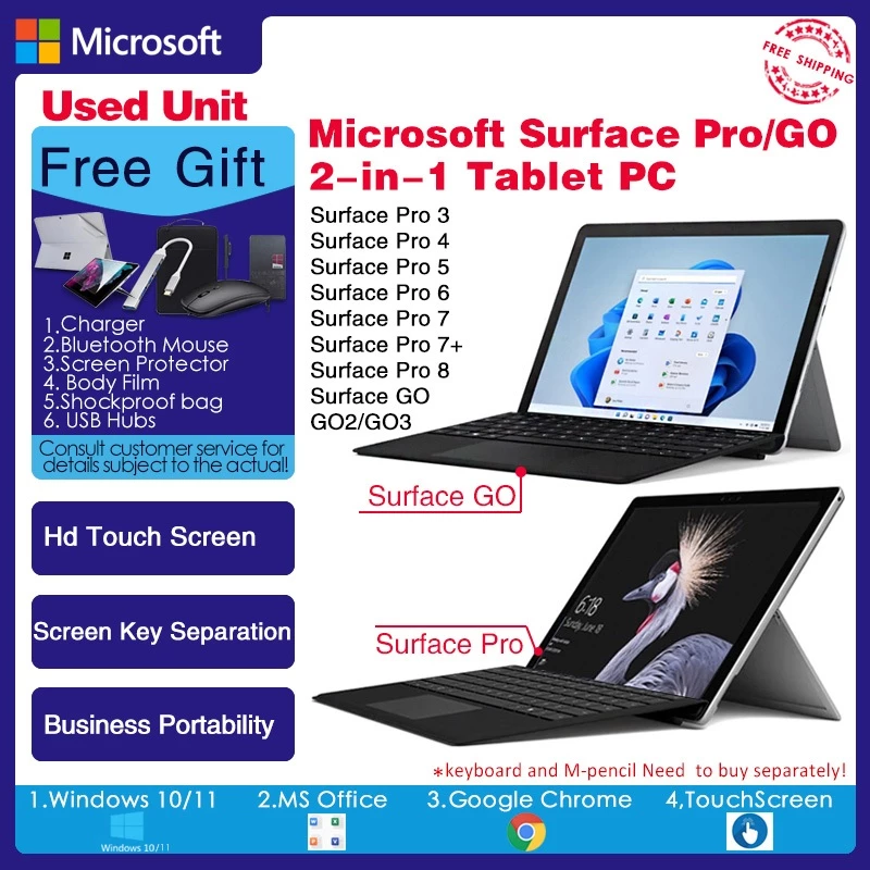 Microsoft Surface Pro2 Pro3 Pro4 Pro5 Pro6 Pro7 Pro7+ Surface go1/go2/go3 แล็ปท็อป 2-in-1 Windows 10/11 ระบบ พร้อมหน้าจอสัมผัส (WiFi /กล้อง /ลําโพง /minid p/tfช่องเสียบการ์ด)