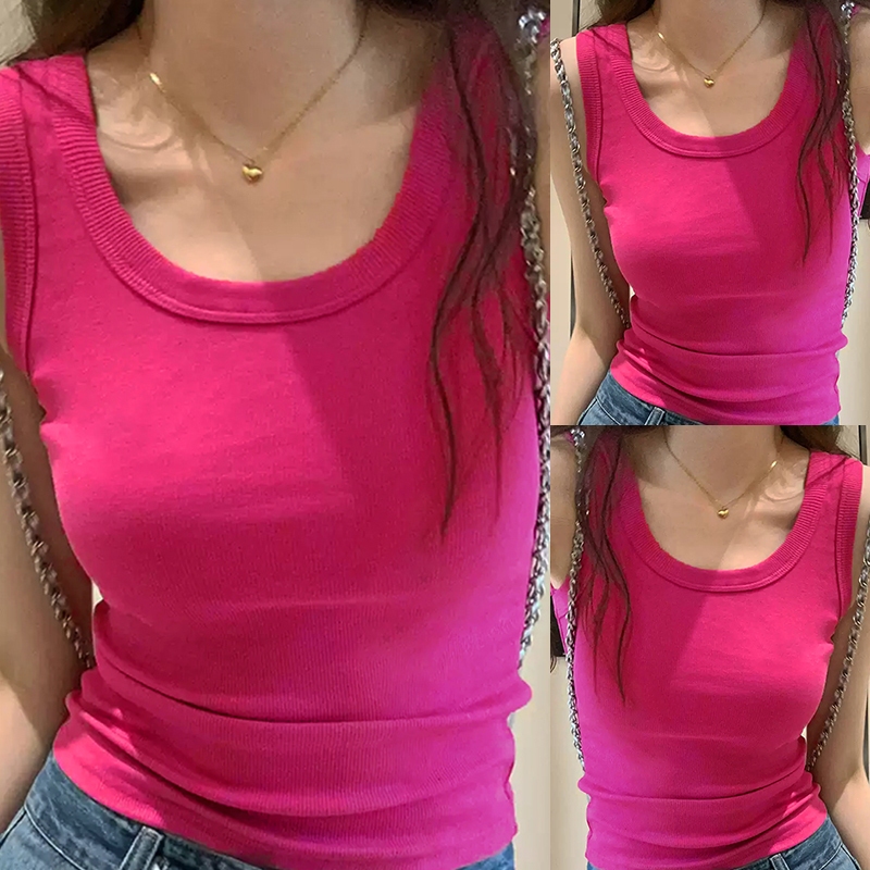 ✨แฟชั่นเกาหลี✨เสื้อกล้ามผู้หญิงแฟชั่นฤดูร้อนทรงสั้น🔥เสื้อสีชมพูบานเย็น ทรงเข้ารูปดูผอมเรียบง่ายสไตล์สาวแซ่บ