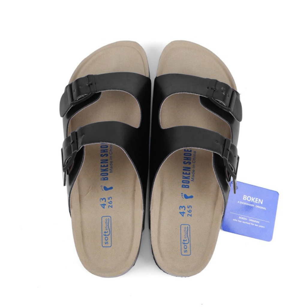 Boken รองเท้าแตะรองเท้าแตะชายหาดกลางแจ้ง Casual Classic Flat Soft Cork Clogs สองสายสีดํา