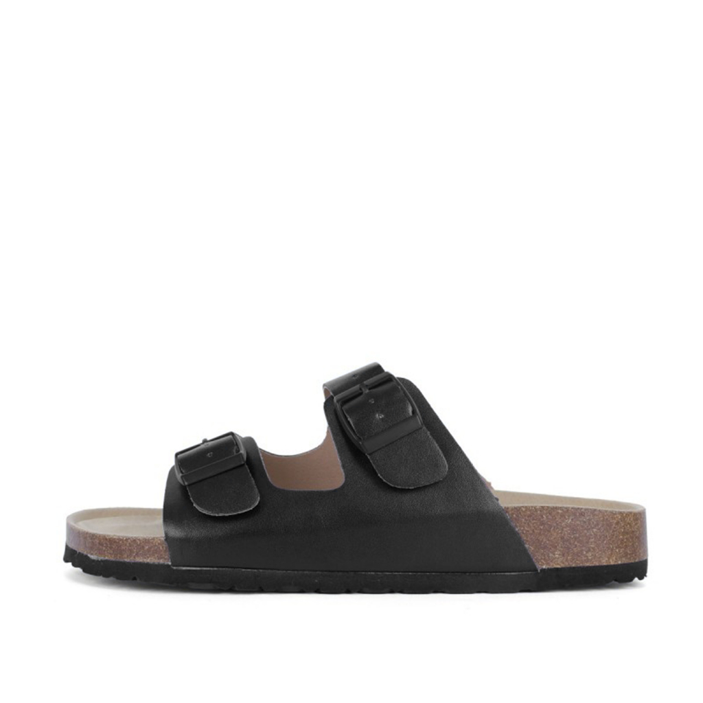Boken รองเท้าแตะรองเท้าแตะชายหาดกลางแจ้ง Casual Classic Flat Soft Cork Clogs สองสายสีดํา