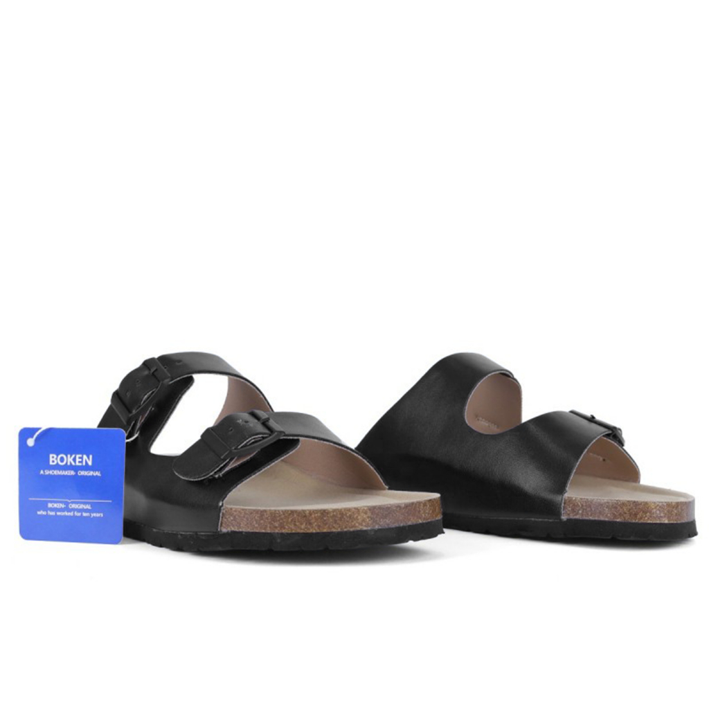 Boken รองเท้าแตะรองเท้าแตะชายหาดกลางแจ้ง Casual Classic Flat Soft Cork Clogs สองสายสีดํา