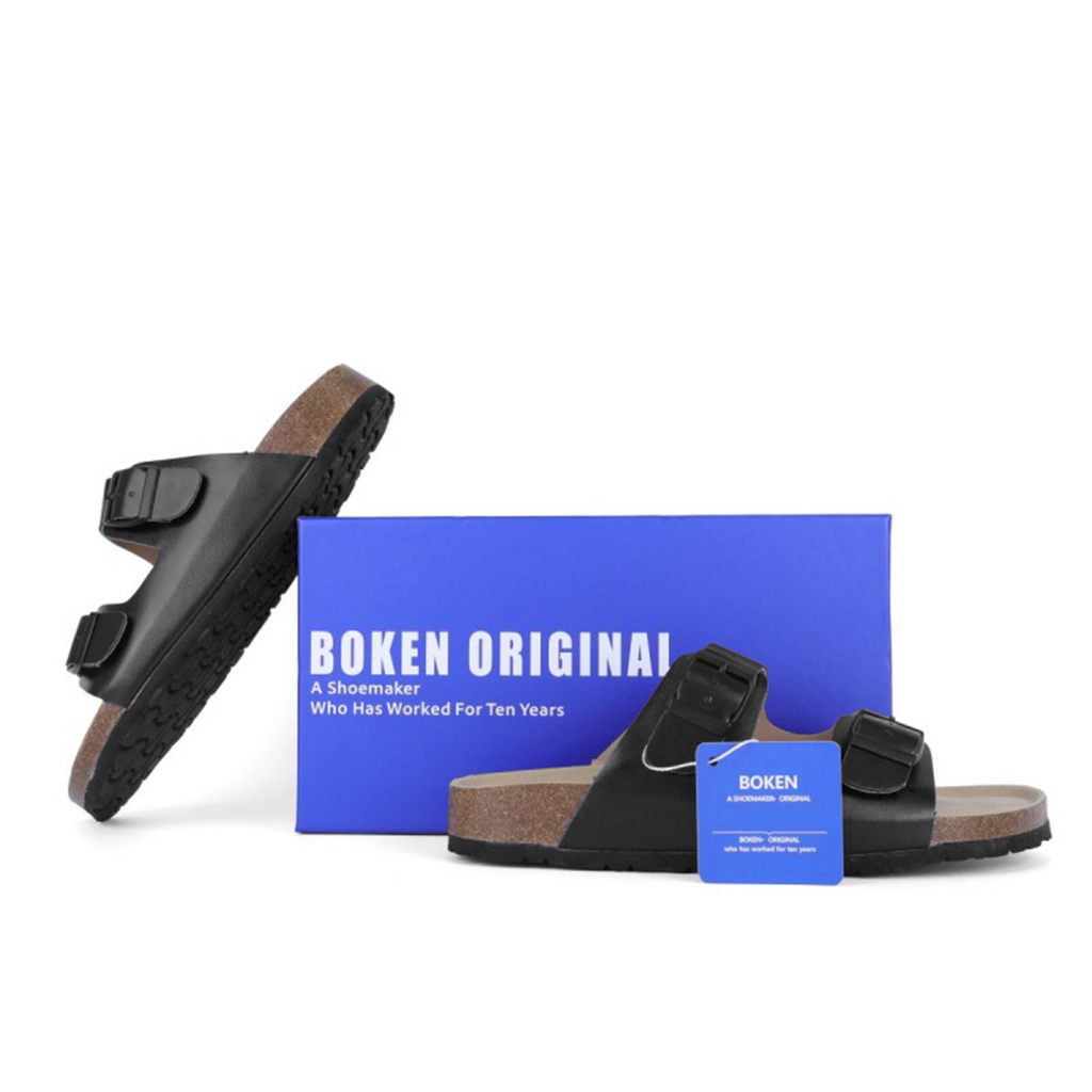 Boken รองเท้าแตะรองเท้าแตะชายหาดกลางแจ้ง Casual Classic Flat Soft Cork Clogs สองสายสีดํา