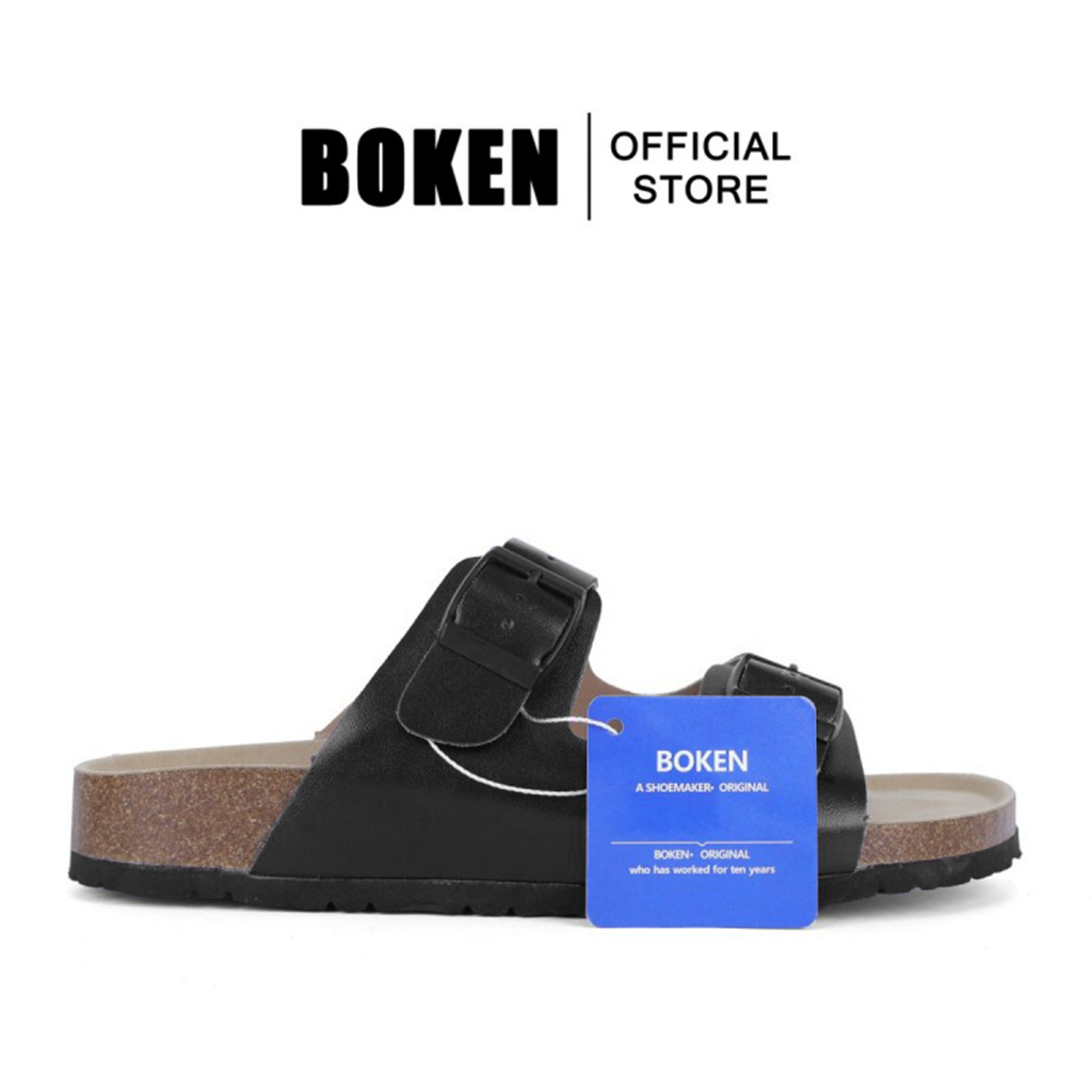 Boken รองเท้าแตะรองเท้าแตะชายหาดกลางแจ้ง Casual Classic Flat Soft Cork Clogs สองสายสีดํา