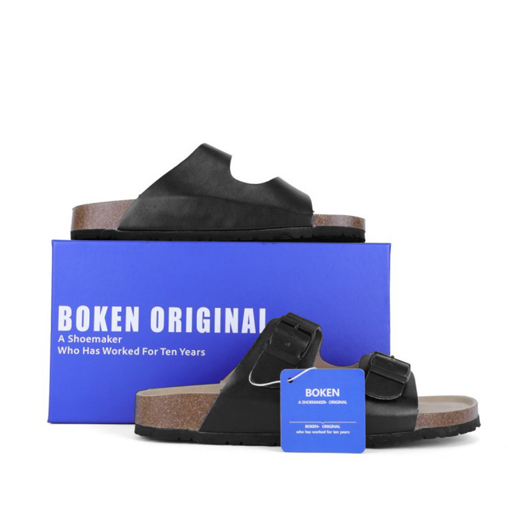 Boken รองเท้าแตะรองเท้าแตะชายหาดกลางแจ้ง Casual Classic Flat Soft Cork Clogs สองสายสีดํา
