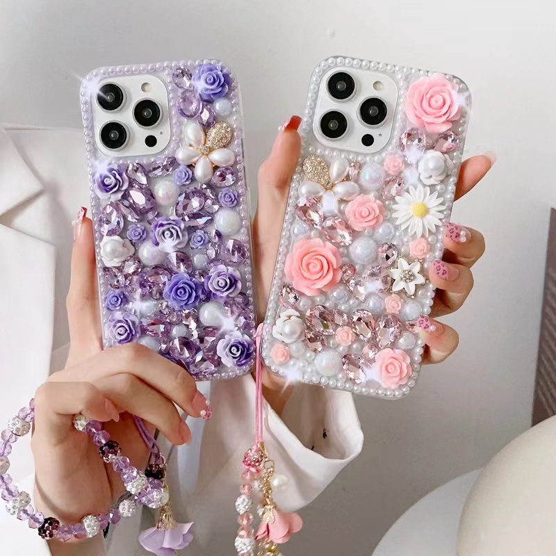 SAMSUNG ปลอกSamsung Galaxy A57 A37 A17 A07 A56 A36 A26 A16 A06 A55 A35 A15 A54 A34 A14 A73 A53 A33 A23 A52 เคสโทรศัพท์หรูหรามุกดอกไม้คริสตัลเพชรฝาครอบสร้อยข้อมือHandmadeพร้อม