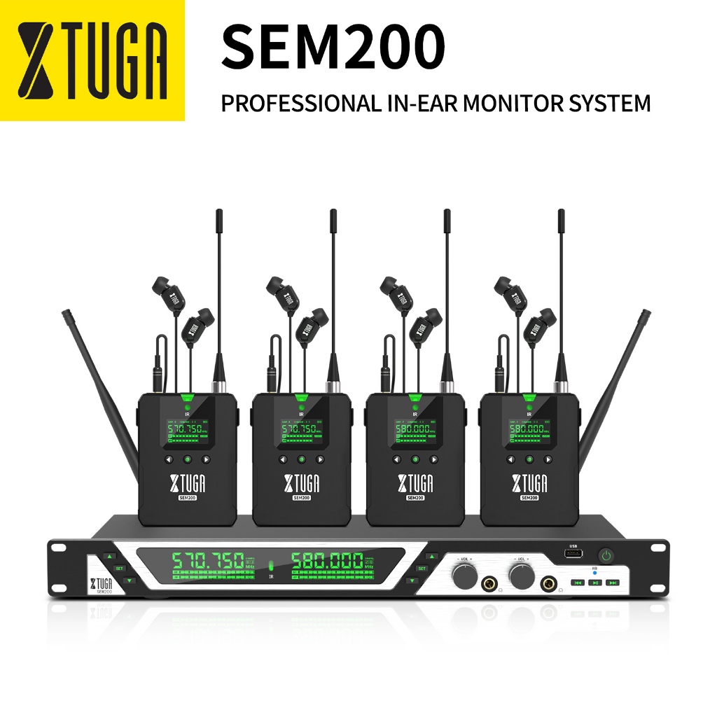 XTUGA SEM200 UHF สเตอริโอไร้สาย In Ear Monitor ระบบเครื่องส่งสัญญาณ 2 ช่อง 4 Bodypack Receiver, Professional ใช้สําหรับ DJ, คอนเสิร์ต, Stage Performance Music Monitoring