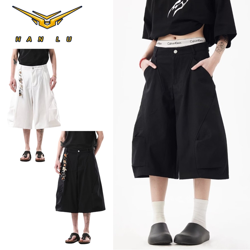 ฮันลู ฤดูร้อนแฟชั่นแบรนด์การออกแบบจีบกางเกงขาสั้นสบายๆ สูง ถนน หลวมขากว้าง คาปริ กางเกง