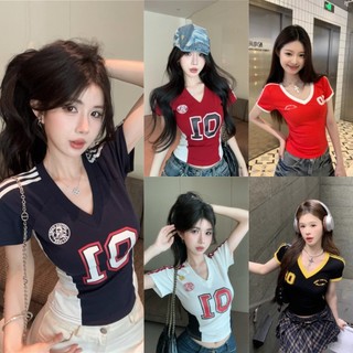 Babytee Korean Style Y2K Crop Tops For Women V-neck Slim T-Shirt American Retro Short Sport Shirt Street Wear For Girls Hot Trend 2025