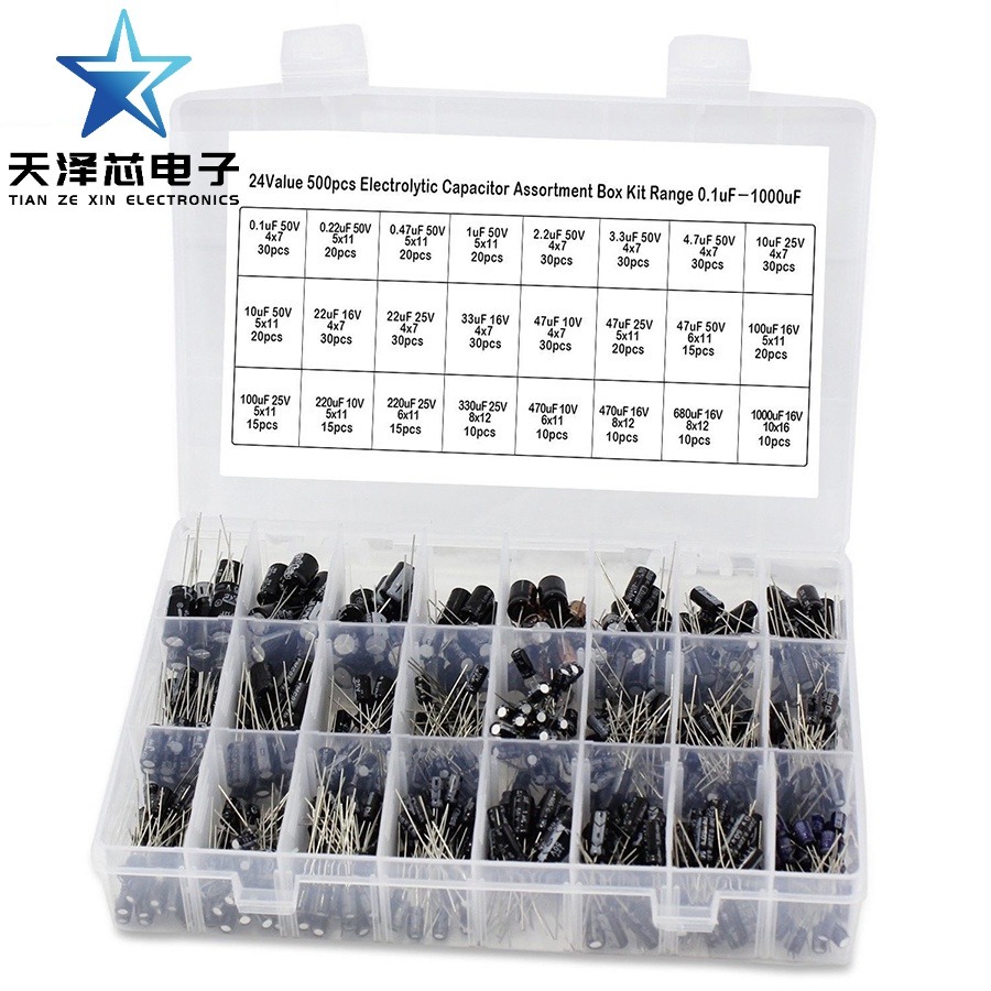 500 ชิ้น 0.1UF-1000UF 24 ค่าอลูมิเนียม 16-50V ผสมตัวเก็บประจุไฟฟ้าชุดสารพันและกล่องเก็บ