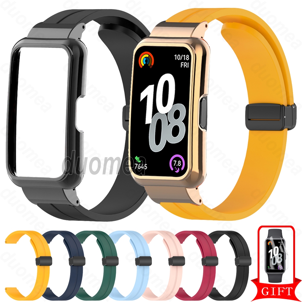 สายรัดซิลิโคนพร้อมกรอบกรณีสร้อยข้อมือหัวเข็มขัดแม่เหล็กสําหรับ Huawei Band 10 9 8 7 6 / Honor Band 9 7 6
