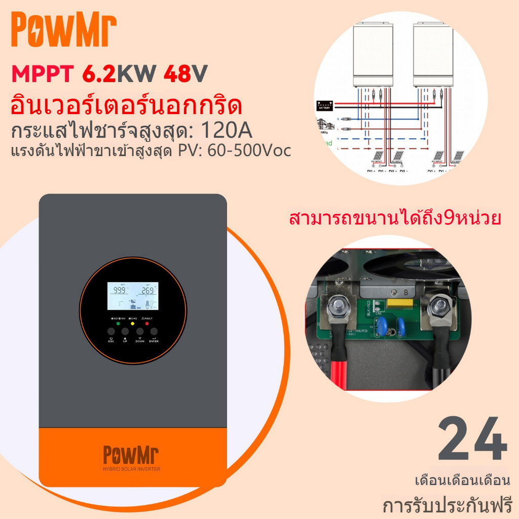 PowMr 6200W Hybridอินเวอร์เตอร์ 220V Pure Sine Waveอินเวอร์เตอร์พลังงานแสงอาทิตย์ 50Hz/60Hzในตัว 120A MPPT Solar Controllerระบบ 48Vสามารถเชื่อมต่อได้ถึง 9 หน่วยในขนาน