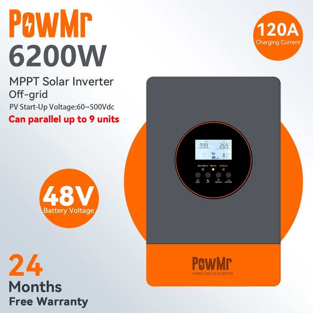 สามารถขนานPowMr MPPT 6.2KW Off Grid Solar Hybrid อินเวอร์เตอร์ 230Vac ในตัว 120A MPPT ตัวควบคุมเครื่องชาร์จพลังงานแสงอาทิตย์รองรับ 48V Lead Acid Lifepo4 แบตเตอรี่ PV อินพุตสูงสุด 60-500Vdc ราคา ถูกที่สุด ดีลบีเคเค