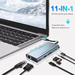 11 in 1 หลาย USB Hub 3.0 พอร์ตประเภท C Adaptor สําหรับ Macbook แล็ปท็อป HD PD Charger Audio VGA RJ45
