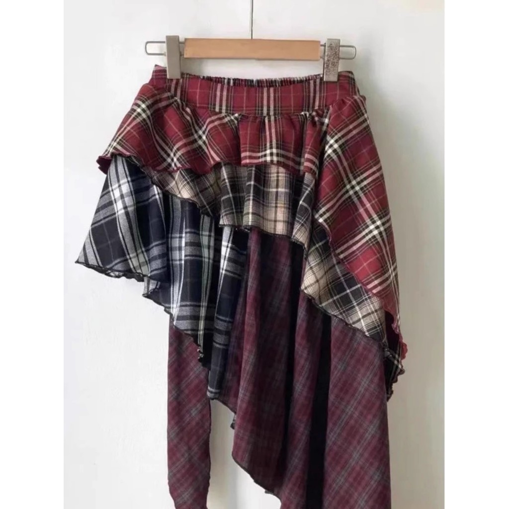 กระโปรงลายสก๊อตสำหรับฤดูร้อน ยืดหยุ่นได้ด้วยเอวยาง ออกแบบตามเทรนด์เกาหลี