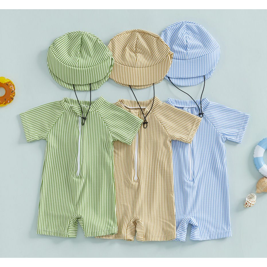Mg-toddler Boy ชุดว่ายน้ําลายแขนสั้นครึ่งซิป Non-Pilling Rash Guard ชุดว่ายน้ํา Sunhat ชุด