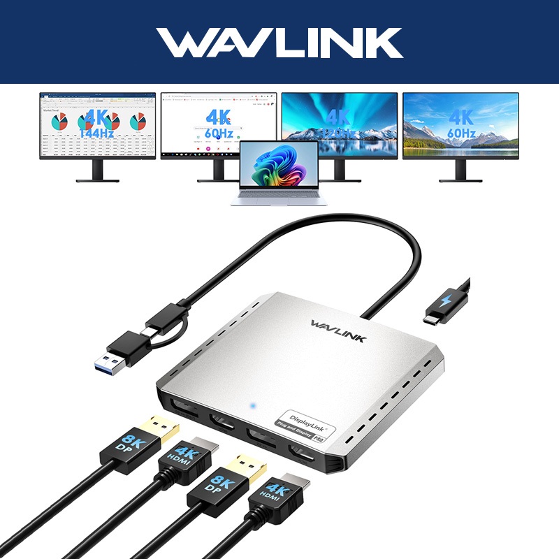 WAVLINK Quad 4K/Dual DP 8K Universal Display Adapter DisplayLink DL7400 2 HDMI & 2 DP พร้อม 85W PD