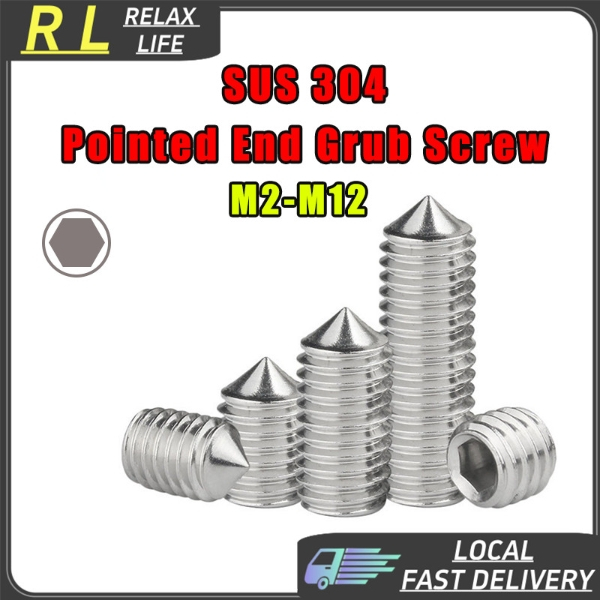 [RL] M2-M12 สกรู ตัวหนอน หกเหลี่ยม ปลายแหลม สแตนเลส 304 เกลียวมิล หยาบ Hex Socket Set Screw w Cone Point SUS304 M3 M4 M5 M6 M8 M10