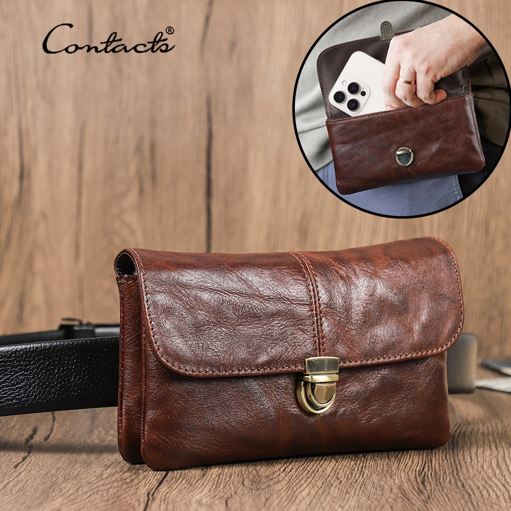 CONTACT'S กระเป๋าเอวผู้ชายหนังวัวแท้สำหรับกรณีโทรศัพท์มือถือ 6.9 นิ้วพร้อมคลิปเข็มขัด