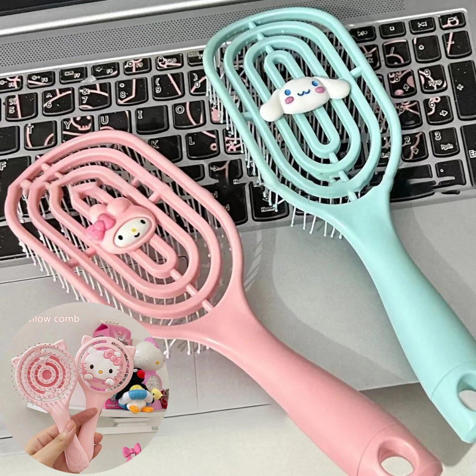 Annapink.th Kawaii Hello Kitty Kuromi Cinnamoroll หวีกลวงนวดหวีถุงลมนิรภัยด้ามยาวหวีสําหรับสาวของขวัญวันเกิด EN