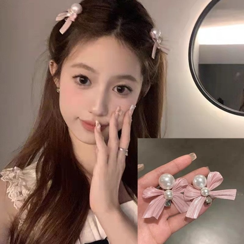 โบว์สีชมพูกิ๊บรักมุกสวยเรียบคลิปประณีตด้านคลิปอุปกรณ์ผม