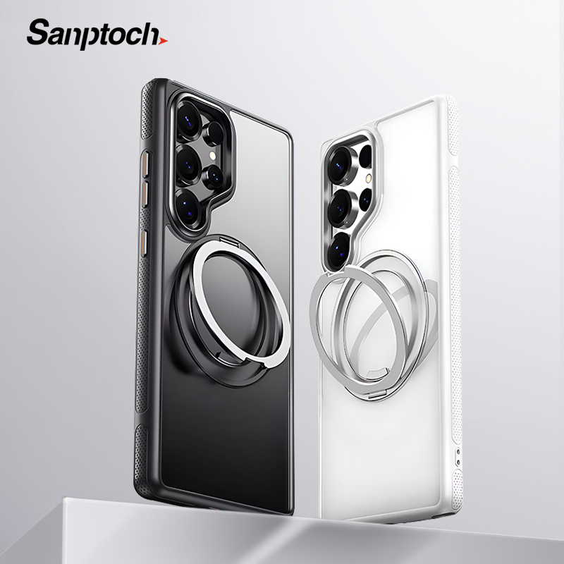 Sanptoch สําหรับแม่เหล็ก 360° ขาตั้งแม่เหล็กสําหรับ Samsung Galaxy S25 Ultra Soft TPU Edge + ฝาครอบพีซีแบบแข็งปลอกกันกระแทกแม่เหล็กพร้อมที่วางโลหะผสมที่มองไม่เห็น