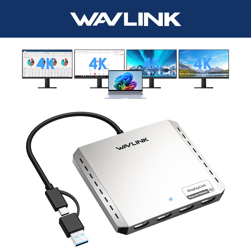 WAVLINK Quad 4K @ 60Hz Universal Display Adapter DisplayLink 4 พอร์ต HDMI, พร้อม 85W PD สําหรับ Inte
