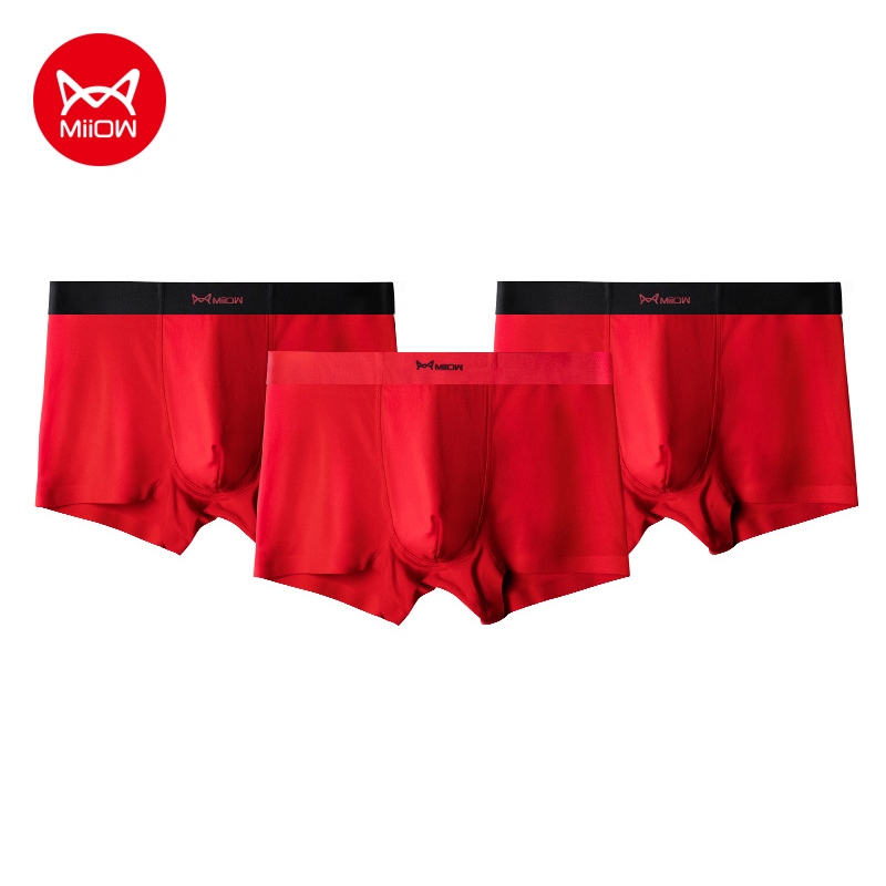 Miiow ปีใหม่สีแดง 3 ชิ้นเซ็กซี่ Modal ผู้ชายชุดชั้นในนักมวยกางเกงขาสั้นปีใหม่กางเกงสีแดงสําหรับ Man 