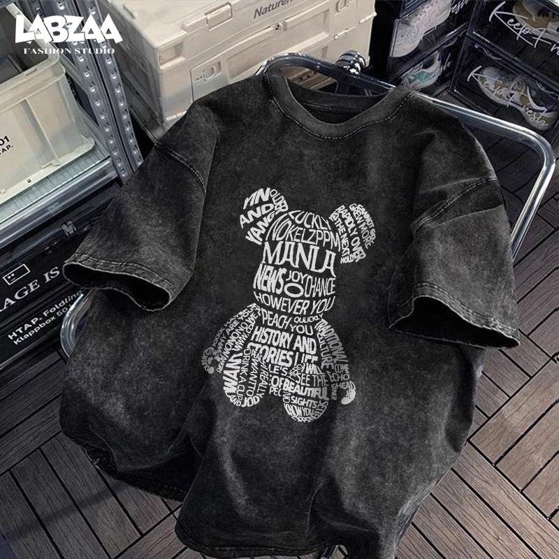 เสื้อยืดคอกลมแขนสั้น สไตล์วินเทจล้างฟอก ลายหมีตัวอักษร ผ้าแห้งเร็ว ทรงหลวม ใส่สบาย ไม่ต้องรีด YG1163