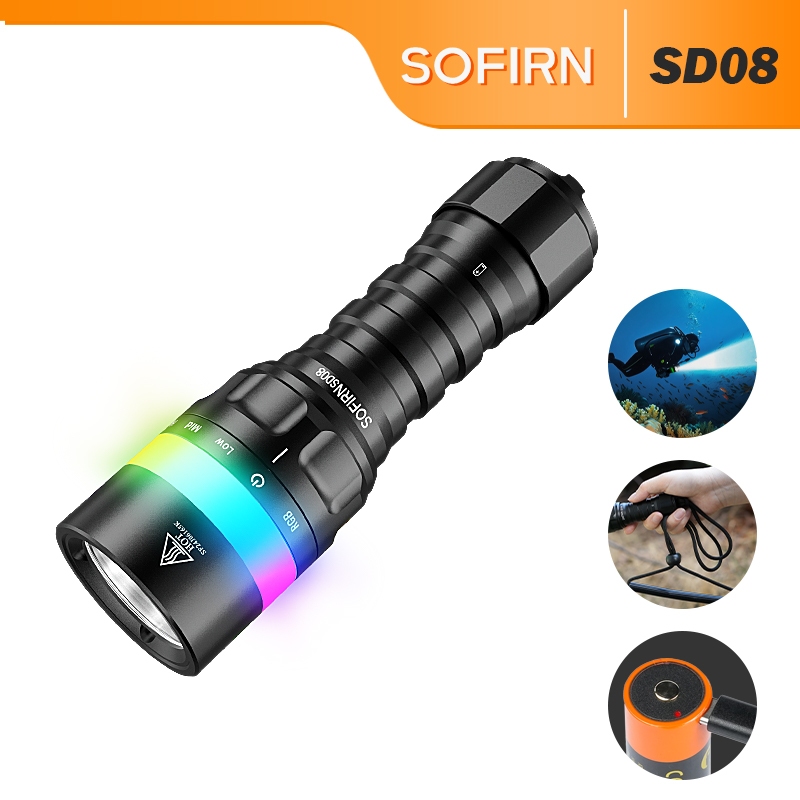 Sofirn SD08 SST70 ไฟดําน้ํา LED 3200 Lumens, ชาร์จ USB-C, เปิด/ปิด, เกียร์ใต้น้ํา Pro
