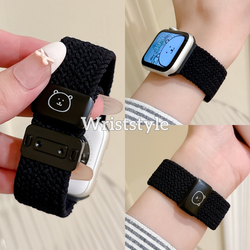 หมีน่ารักหัวเข็มขัดแม่เหล็กไนลอนทอสายรัดสําหรับ applewatch  s11 10 9 8 7 6 5 4 3 2 1 SE3 พิเศษ ระบายอากาศเปลี่ยนสร้อยข้อมือ iwatch 49mm 46mm 45 44 42 41 40 38